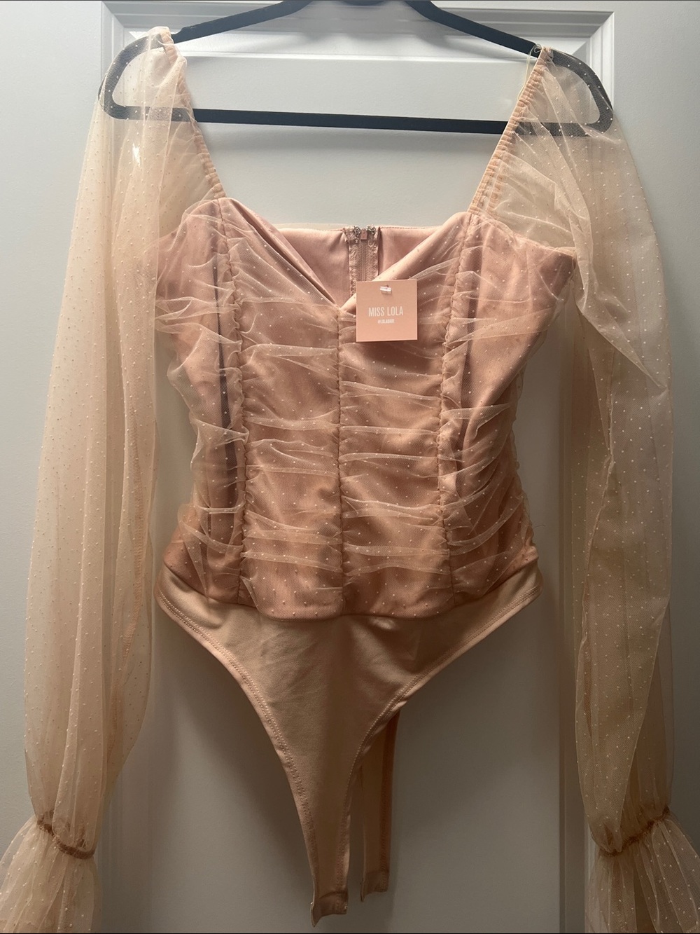 Miss Lola Blush Ruched Mesh Puff-Sleeve Bodysuit
